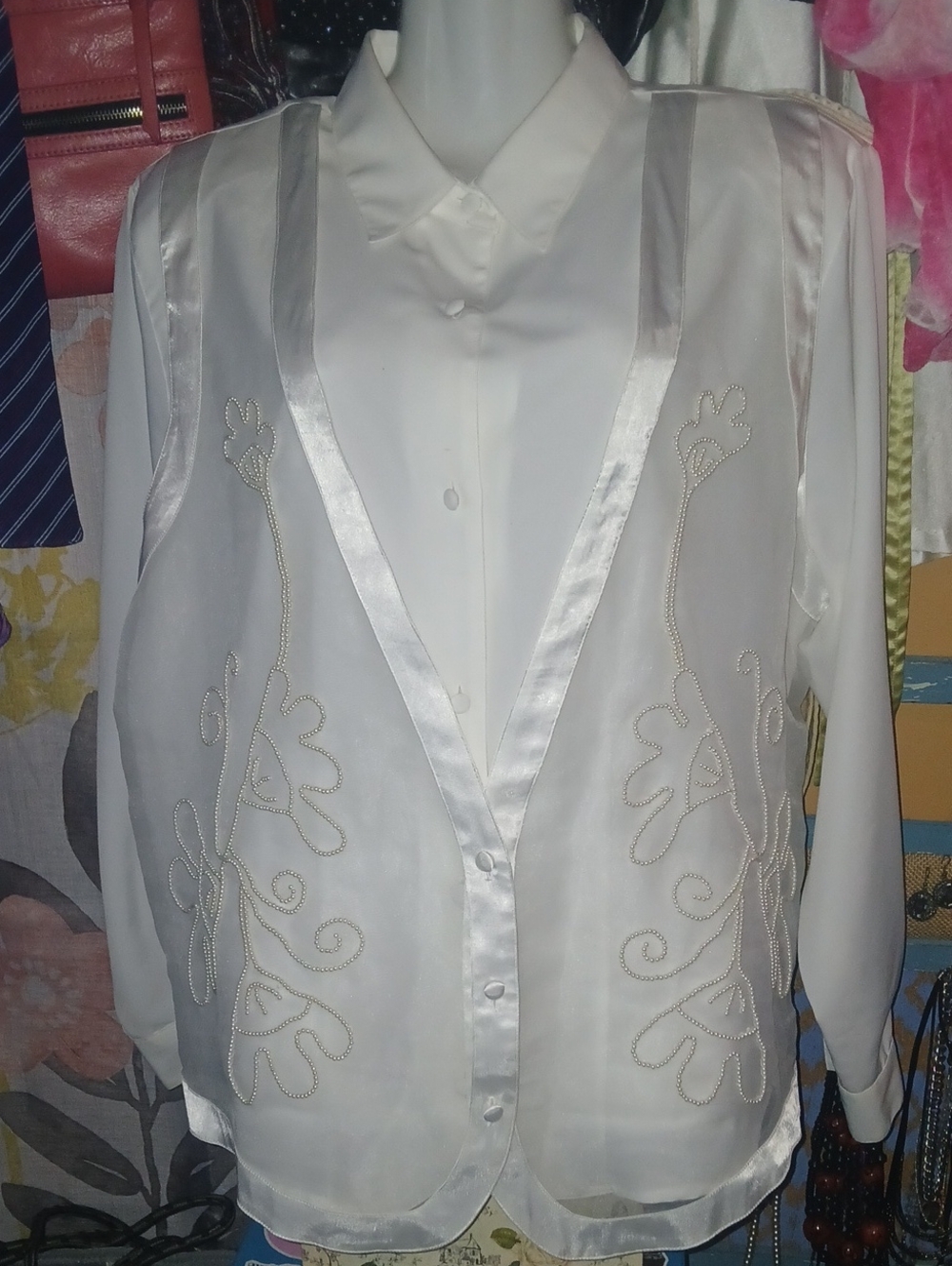 90s Vintage Sellecca Woman White Button-Down Shirt with Beaded Faux Vest 18W